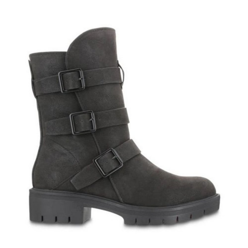 NWOT Mia Women Black Motorcycle Boots 9 Delta Buckle Biker Shoes Brushed Suede - Picture 3 of 5